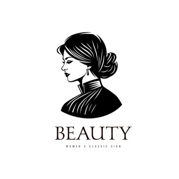 Emblem of a woman on white background.