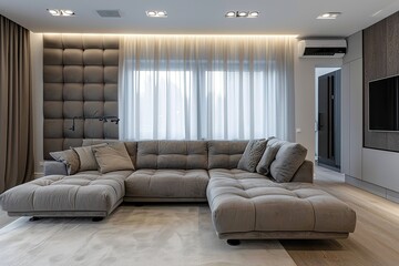 modern interior of living room with cozy sofa.
