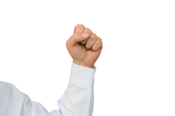 A woman's hand in a white shirt shows fist on transparent background