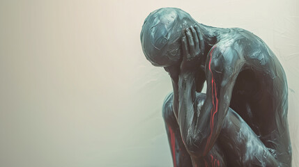 Statue of a man sitting in fetal position with space room for copy - obrazy, fototapety, plakaty