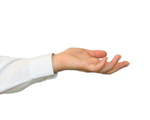 A hand in a white shirt holds something on transparent background