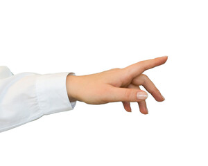 A hand in a white shirt points or touch with a finger on transparent background