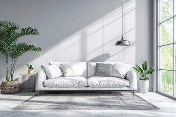 Modern interior with white sofa panorama 3d render.