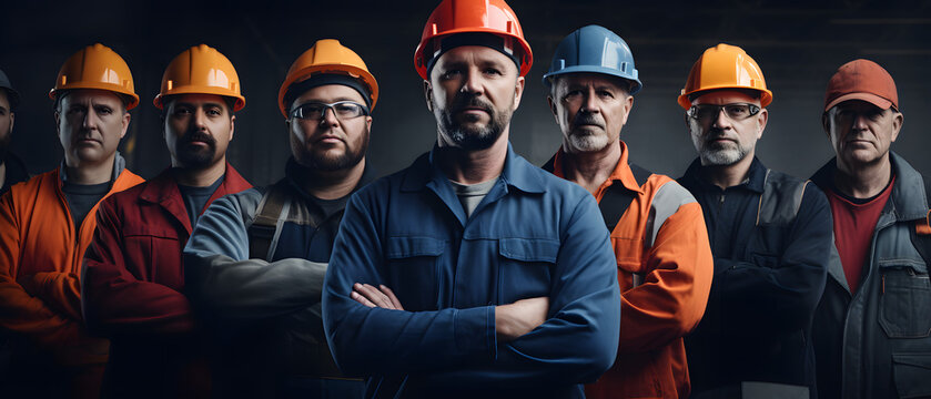 Gruppe von Arbeitern mit Helm und gekreuzten Armen