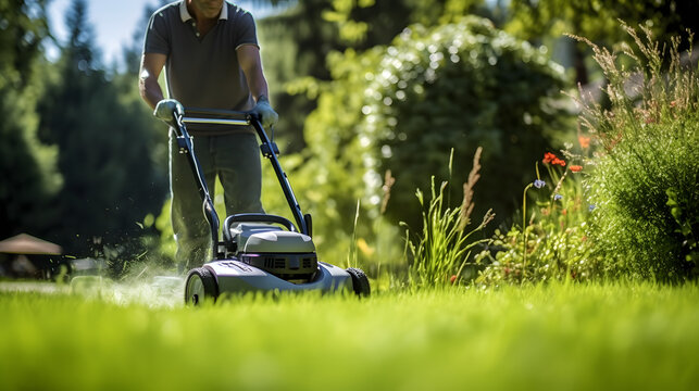 G&auml;rtner m&auml;ht seinen Rasen mit Rasenm&auml;her