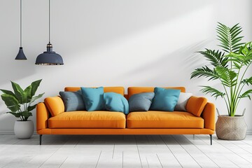 Modern living room with sofa and plant on white background.