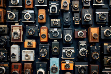 Photo pattern of old cameras. Timeless camera ensemble: Vintage gear neatly aligned, evoking nostalgia in classic photography.