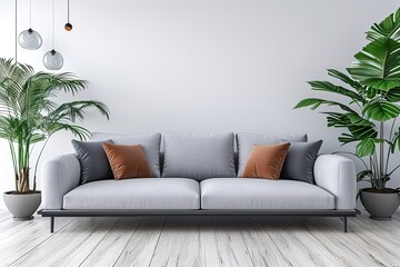 Modern living room with sofa and plant on white background.