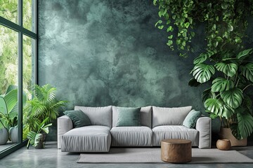 Modern loft living room interior design and green pattern wall background.
