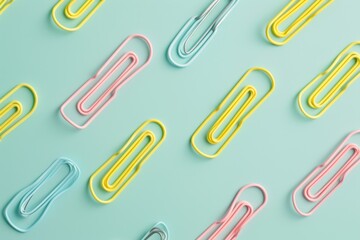 Pastel-colored paper clips in blue, pink, and yellow arranged in a pattern on a teal background.