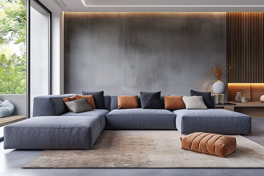 Modern living room interior with stylish sofa and carpet.