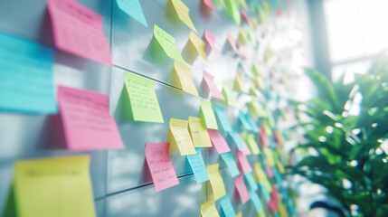 Creative Office Wall with Colorful Sticky Notes, Concept for Brainstorming and Planning