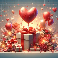 Gift box of love with a heart shaped red balloon. Love concept. Digital illustration, generative ai