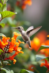 Fototapeta premium Tiny hummingbird hovering in bright summer