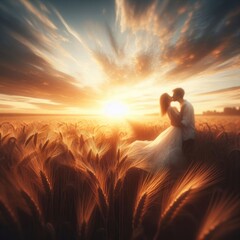 Romantic couple in love kissing at sunset in a wheat field. Digital illustration. Generative AI