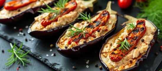 A mouthwatering dish featuring stuffed eggplant with tomatoes, perfect as a flavorful and nutritious finger food. Delight your taste buds with this enticing recipe!