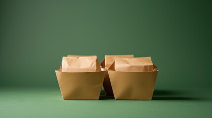 "Eco-friendly showcase: Kraft paper packaging on a vibrant green flat lay