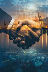 Concept of international business logistics and teamwork, double exposure of a partnership handshake with import-export - obrazy, fototapety, plakaty