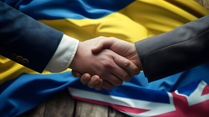 handshake on the background of the flag of Great Britain and Ukraine - obrazy, fototapety, plakaty