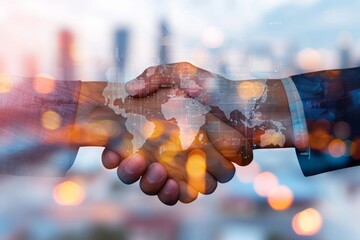 Concept of international business logistics and teamwork, double exposure of a partnership handshake with import-export