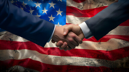 handshake on the background of flags  america  - obrazy, fototapety, plakaty