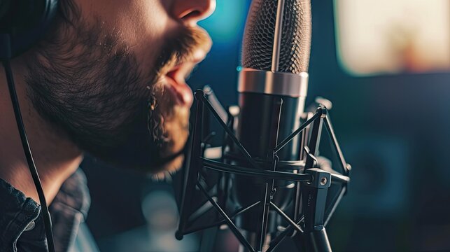 Blogger's studio: Content creator in a close-up recording voice-over radio content