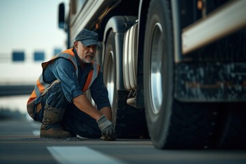 Mature truck driver crouching to examine the tires on a semi-truck by the highway.