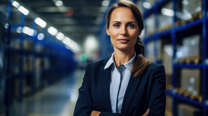 Efficient female production manager oversees the automated machinery in a modern industrial setting, showcasing leadership and teamwork - obrazy, fototapety, plakaty