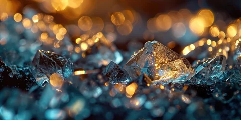 Zelfklevend Fotobehang Raw diamond crystals background. Shiny diamond crystal rock, gemstones background macro photography. Rock texture. Diamond Crystals Photos. Crystal formation. Minerals. Light blue. Close up © Tetyana