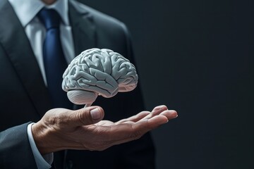 A businessman holding an image of a human brain in his hand - obrazy, fototapety, plakaty