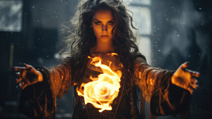 Powerful dangerous evil witch lady dance doing fire spell,  projecting a mystical, supernatural vibe , with power and mystery  - obrazy, fototapety, plakaty