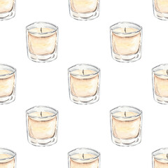 Watercolor white candle in glass seamless pattern on white background