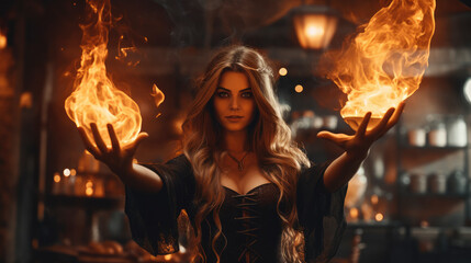 Powerful dangerous evil witch lady dance doing fire spell,  projecting a mystical, supernatural vibe , with power and mystery 