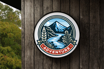Adventure Badge Illustration in Circle White Signboard on the empty Wood Wall