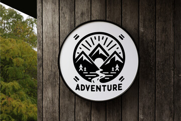 Black Mountain With Adventure Text in Circle White Signboard on the empty Wood Wall