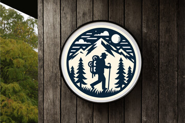 Black Mountain and People Hiking in Circle White Signboard on the empty Wood Wall