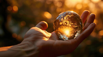 Male hand closeup holding a small crystal world ball with the European continent on an out of focus background. Concept of protection and care of our planet. Ai generated - obrazy, fototapety, plakaty