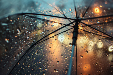 Open transparent umbrella under rain. Rainy weather concept Umbrella on rainy day. Umbrella under rain against water drops splash background. Rainy weather concept.