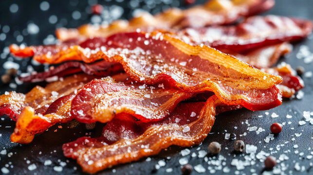 Delicious crispy bacon strips in a pan, highlighting the savory taste of breakfast cuisine