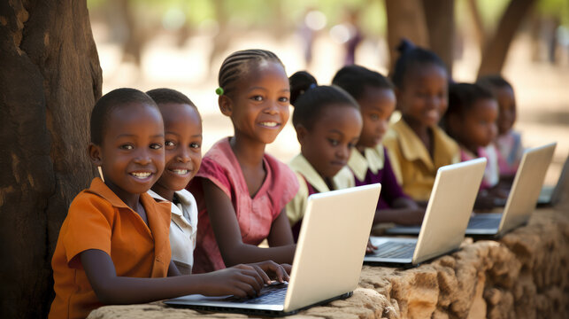 African school children using laptops