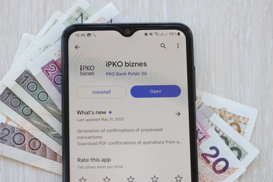 TERNOPIL, UKRAINE - AUGUST 3, 2023 PKO application on screen of display on modern smartphone. Official app of famous polish bank