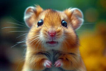 Cute brown hamster looking at camera. Hamster in nature.