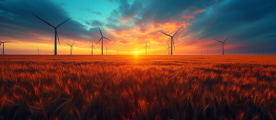 Wind turbines. Panoramic wheat field at sunset. Alternative energy generator. Green power, electricity. Renewable energy, ecology concept. Windmill