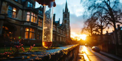 Promising breakthrough: A dedicated pharmaceutical student holds up a test tube, following medical breakthrough, outside their University College. - obrazy, fototapety, plakaty