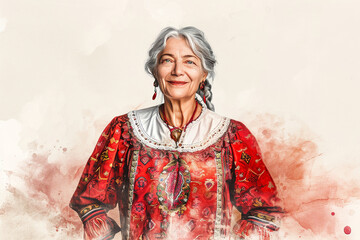 Middle age woman with traditional bulgarian clothes symbol of Baba Marta, spring and Easter holiday - obrazy, fototapety, plakaty