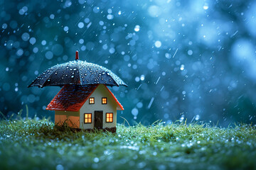 The image of an umbrella and a toy house symbolizes property insurance, Yellow Umbrella Shielding Miniature House: Concept of Home Insurance Protection