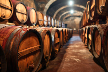 Oak barrels in a winery or cellar Vintage Barrels and Casks in Old Cellar, Winery's Perfect Storage , Delicious Wine.