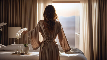A woman in a bath robe enjoys the sunrise view from her luxury hotel room window - obrazy, fototapety, plakaty