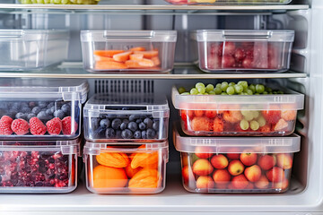 Refrigerator with organized storage containers inside. Stocked with an Assortment of healthy fruits, vegetables - obrazy, fototapety, plakaty