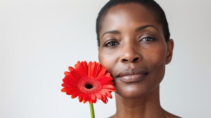 Beauty, portrait and natural face of black mid aged woman with red flower. white background. Female health concept. Menopause. Caring for your skin in menopause. Estrogens and aging skin. 